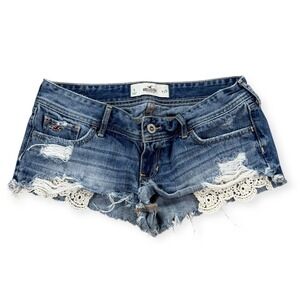 Y2K Hollister Micro Shorts Sz 29 Blue Dark Wash Cut Off Lace Pockets Distressed